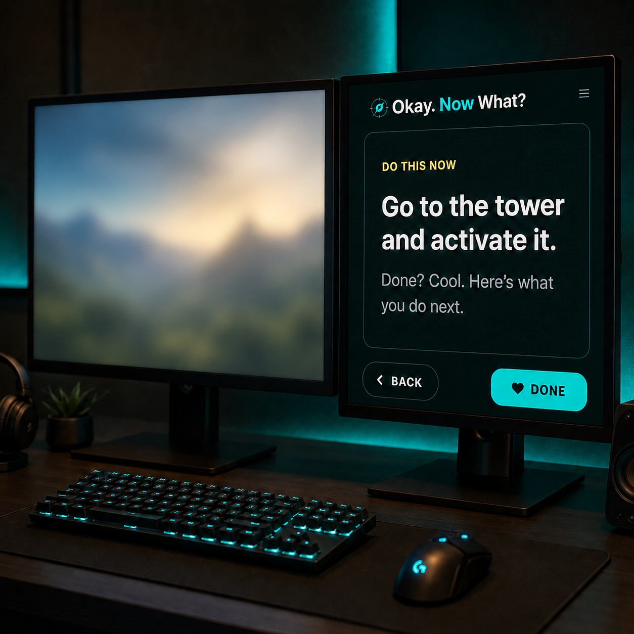 Dual-monitor PC with a heavily blurred generic game scene on one screen and the Okay. Now What? guide on the other